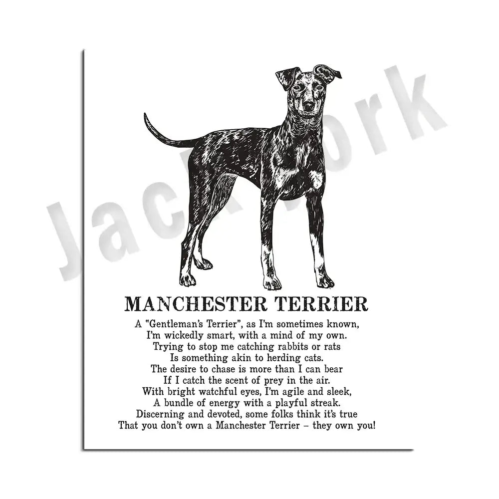 Framed black and white dog breed poetry poster set living room decor