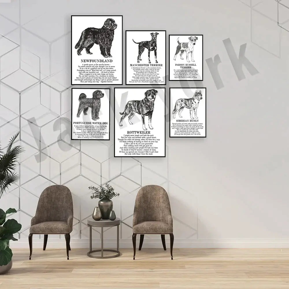 Framed black and white dog breed poetry poster set living room decor