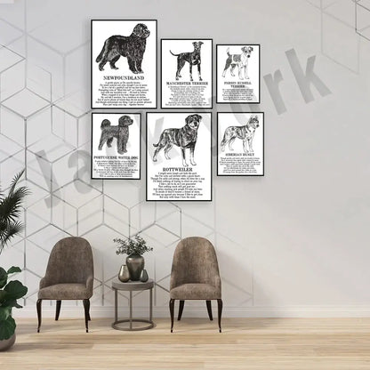 Framed black and white dog breed poetry poster set living room decor