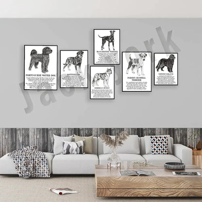 Framed black and white dog breed poetry poster set living room decor