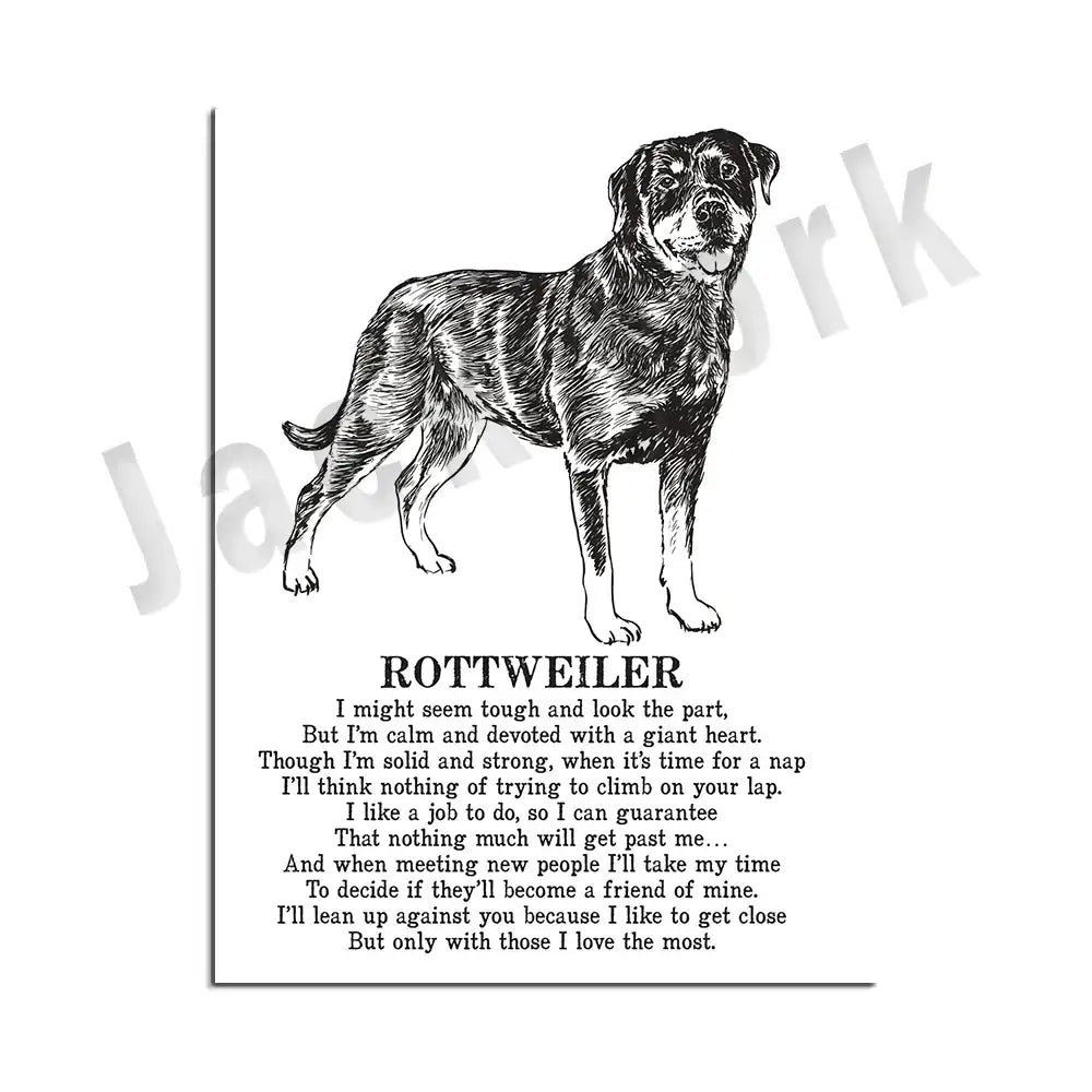 Framed black and white dog breed poetry poster set living room decor