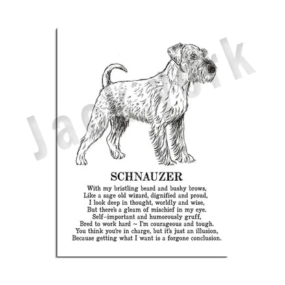 Framed black and white dog breed poetry poster set living room decor