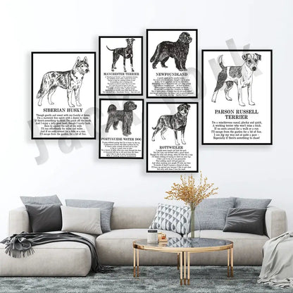 Framed black and white dog breed poetry poster set living room decor
