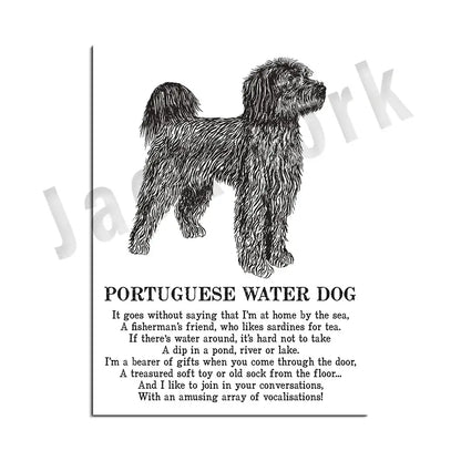 Framed black and white dog breed poetry poster set living room decor