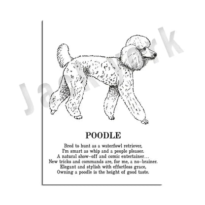 Framed black and white dog breed poetry poster set living room decor