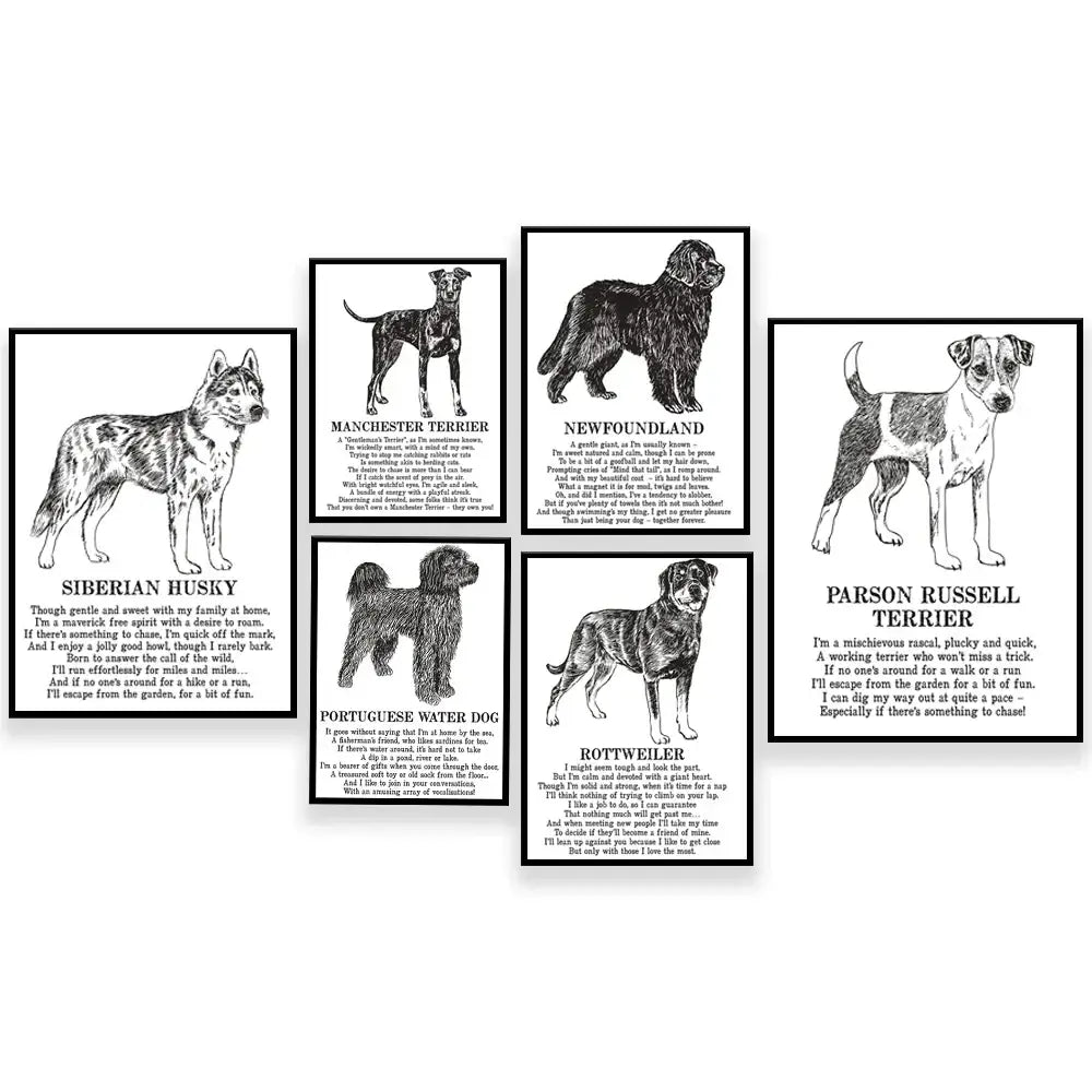 Framed black and white dog breed poetry poster set living room decor