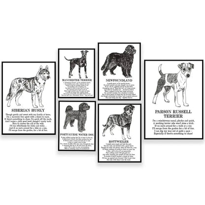 Framed black and white dog breed poetry poster set living room decor