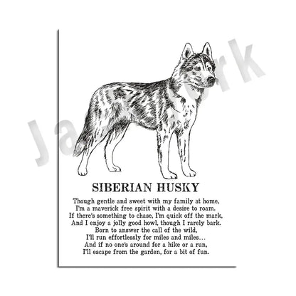 Framed black and white dog breed poetry poster set living room decor