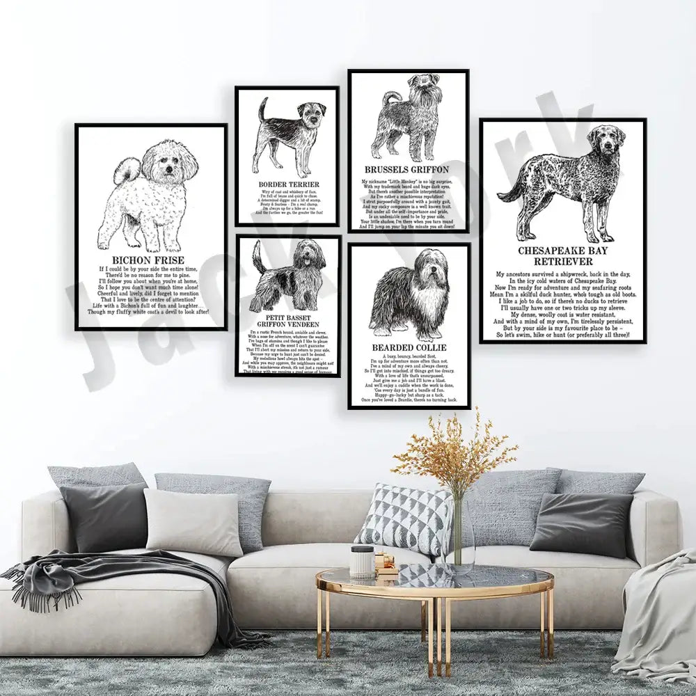 Framed black and white dog breeds poster set bedroom wall art