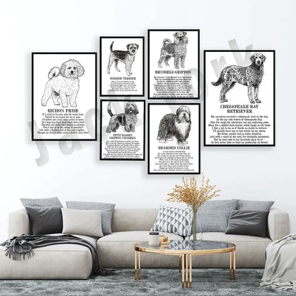Framed black and white dog breeds poster set bedroom wall art