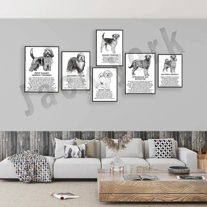 Framed black and white dog breeds poster set bedroom wall art