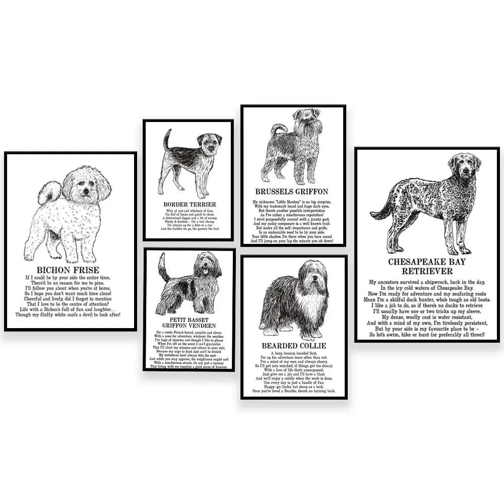 Framed black and white dog breeds poster set bedroom wall art