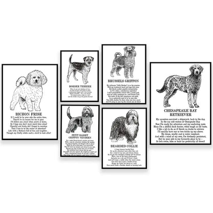 Framed black and white dog breeds poster set bedroom wall art