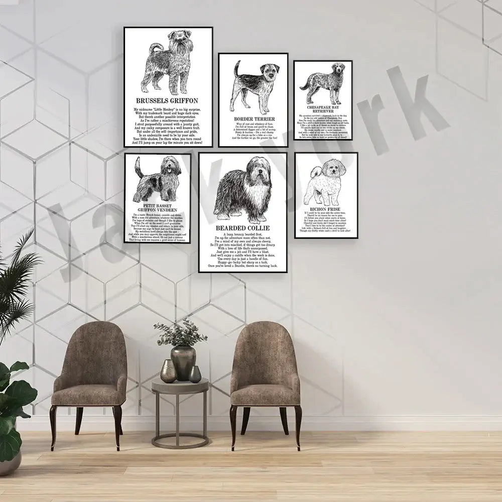 Framed black and white dog breeds poster set bedroom wall art