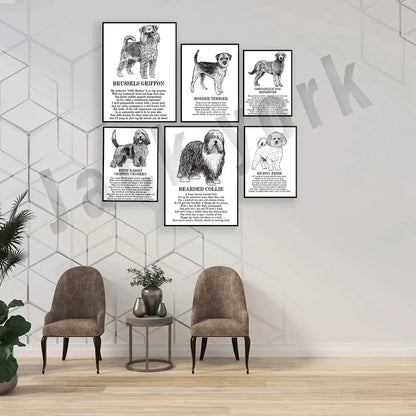 Framed black and white dog breeds poster set bedroom wall art