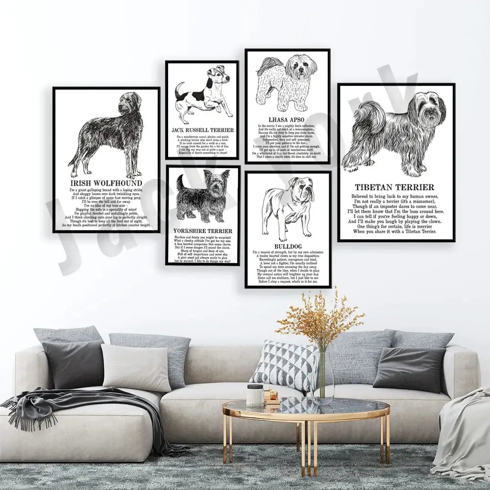 Framed black and white dog poetry poster living room wall art