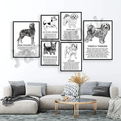 Framed black and white dog poetry poster living room wall art