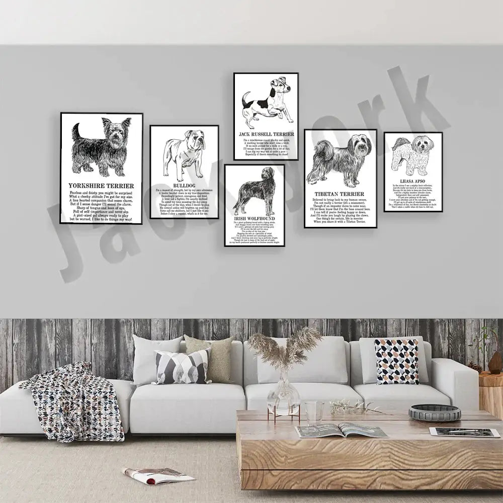Framed black and white dog poetry poster living room wall art