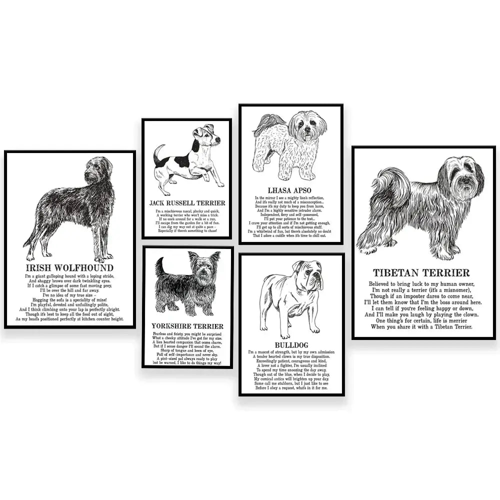 Framed black and white dog poetry poster living room wall art