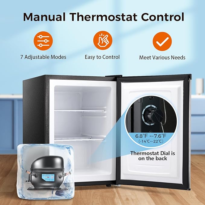 Free Standing Upright Freezer with Removable Shelf, Adjustable Thermostat, Compact Reversible Single Door Vertical Freezers