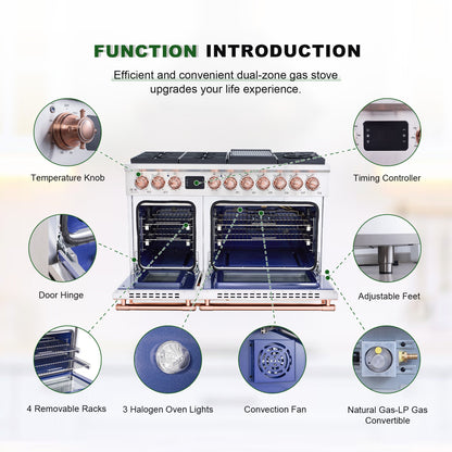 48" Freestanding Gas Range with 8 Sealed Burners Cooktop, Rapid Convection Oven, Natural Gas/LP Convertible - AK-G48N05A-BS