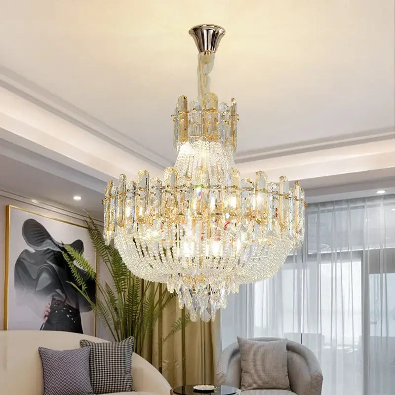 French bead chain crystal chandelier gold and chrome dining room