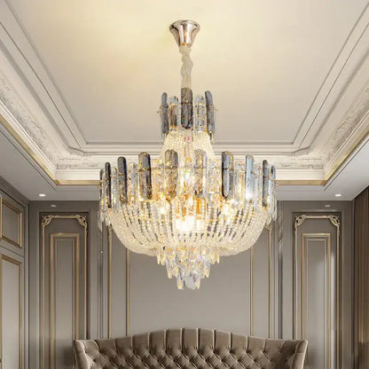 French bead chain crystal chandelier gold and chrome dining room