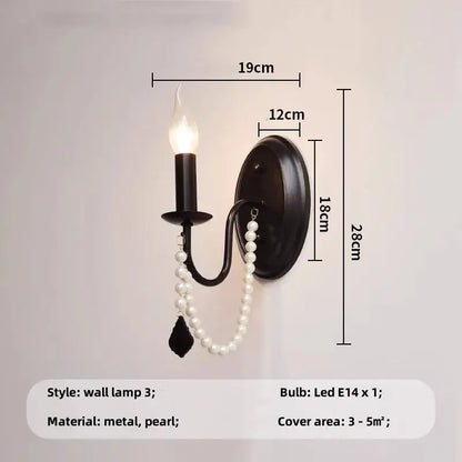 French black e14 candle chandelier pearl crystal living room light