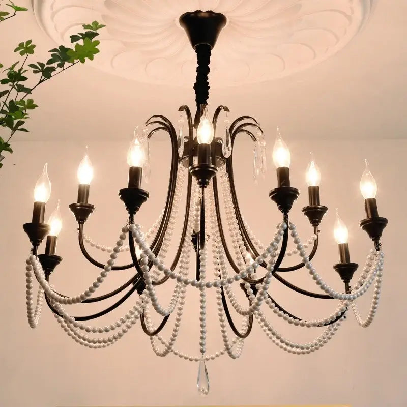 French black e14 candle chandelier pearl crystal living room light