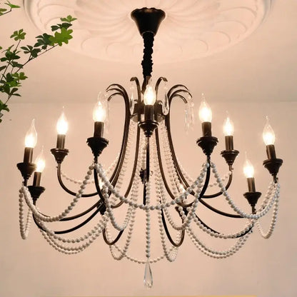 French black e14 candle chandelier pearl crystal living room light