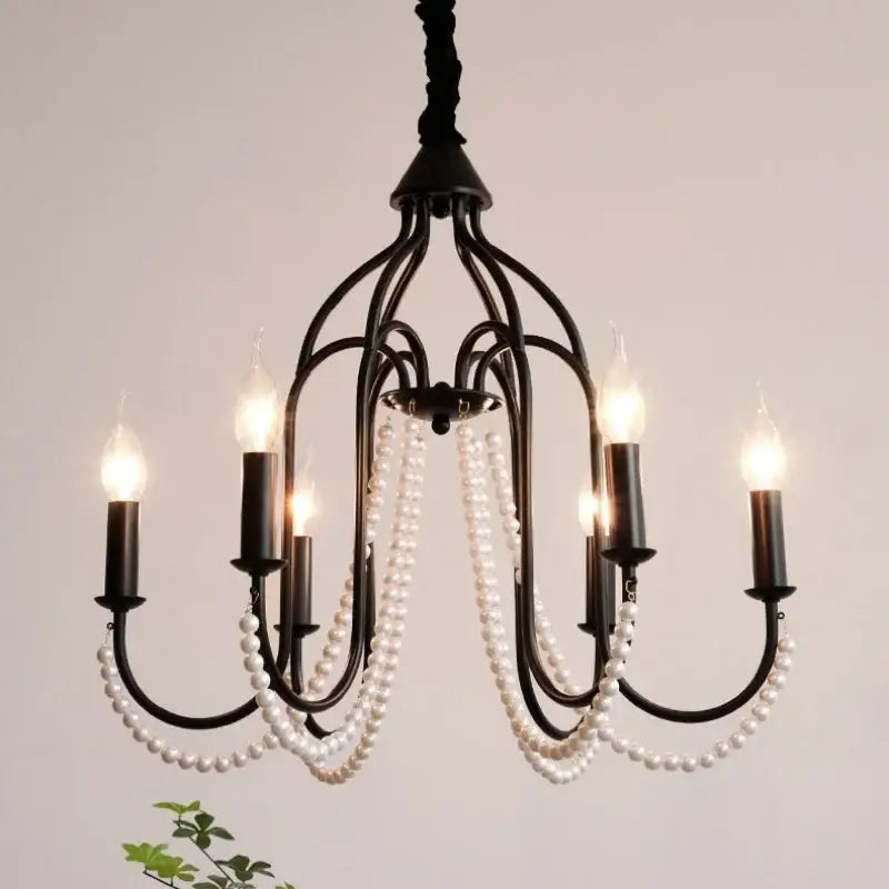French black e14 candle chandelier pearl crystal living room light