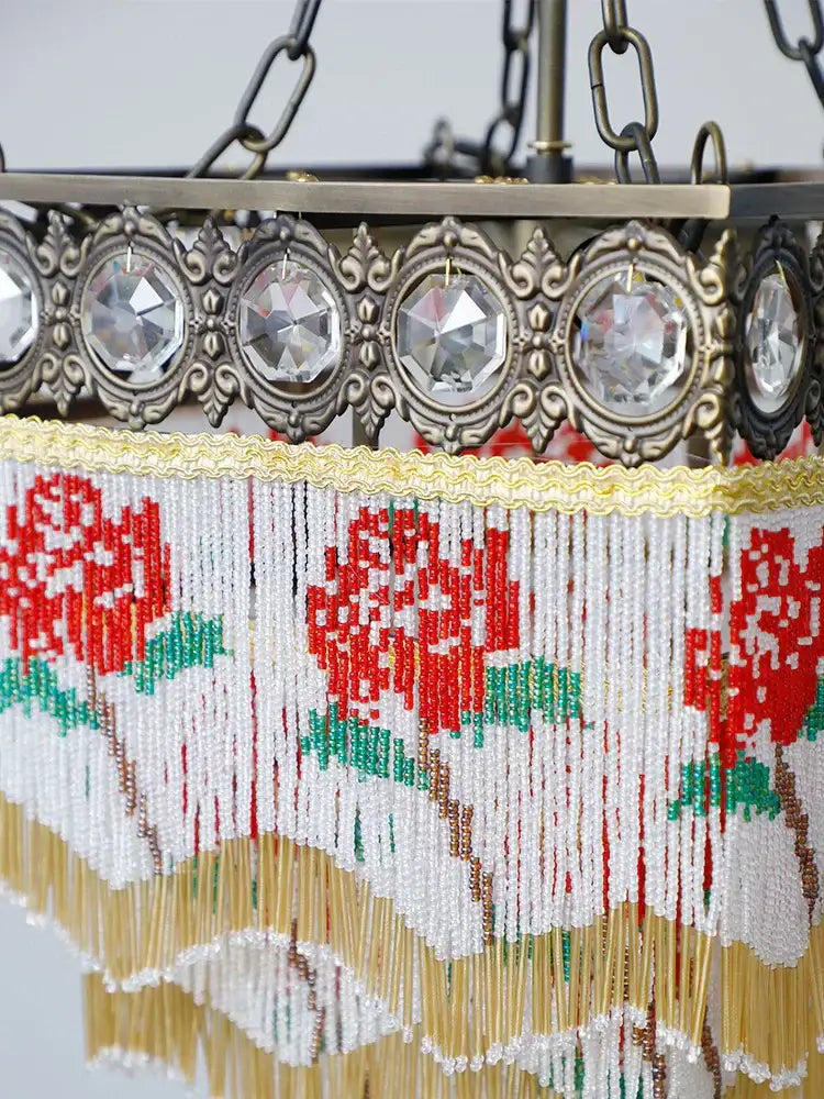 French brass crystal floral chandelier dining room beaded fringe