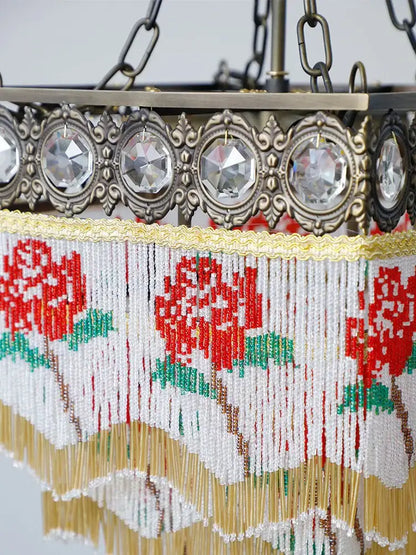French brass crystal floral chandelier dining room beaded fringe
