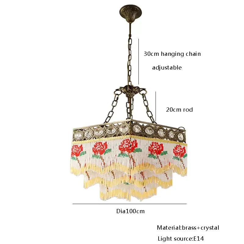 French brass crystal floral chandelier dining room beaded fringe
