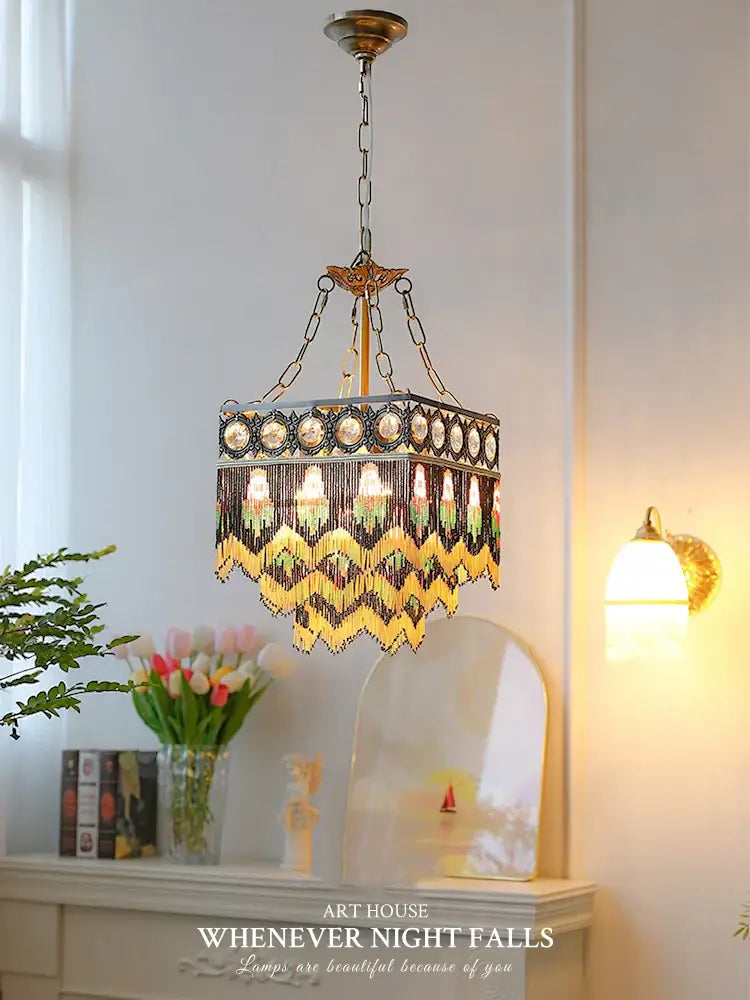 French brass crystal floral chandelier dining room beaded fringe