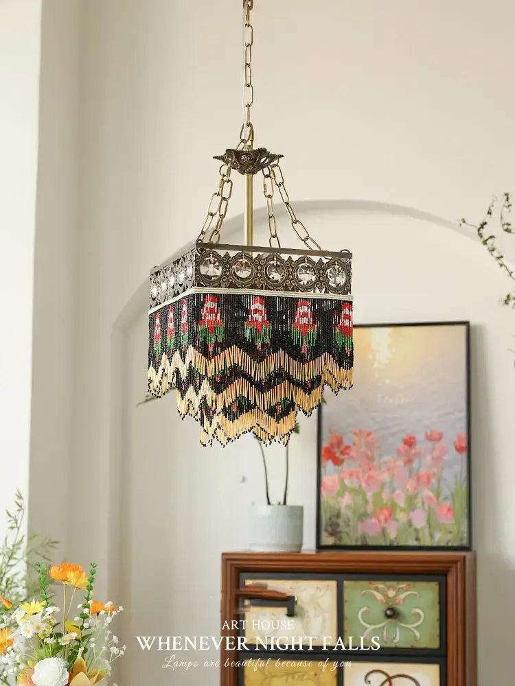 French brass crystal floral chandelier dining room beaded fringe