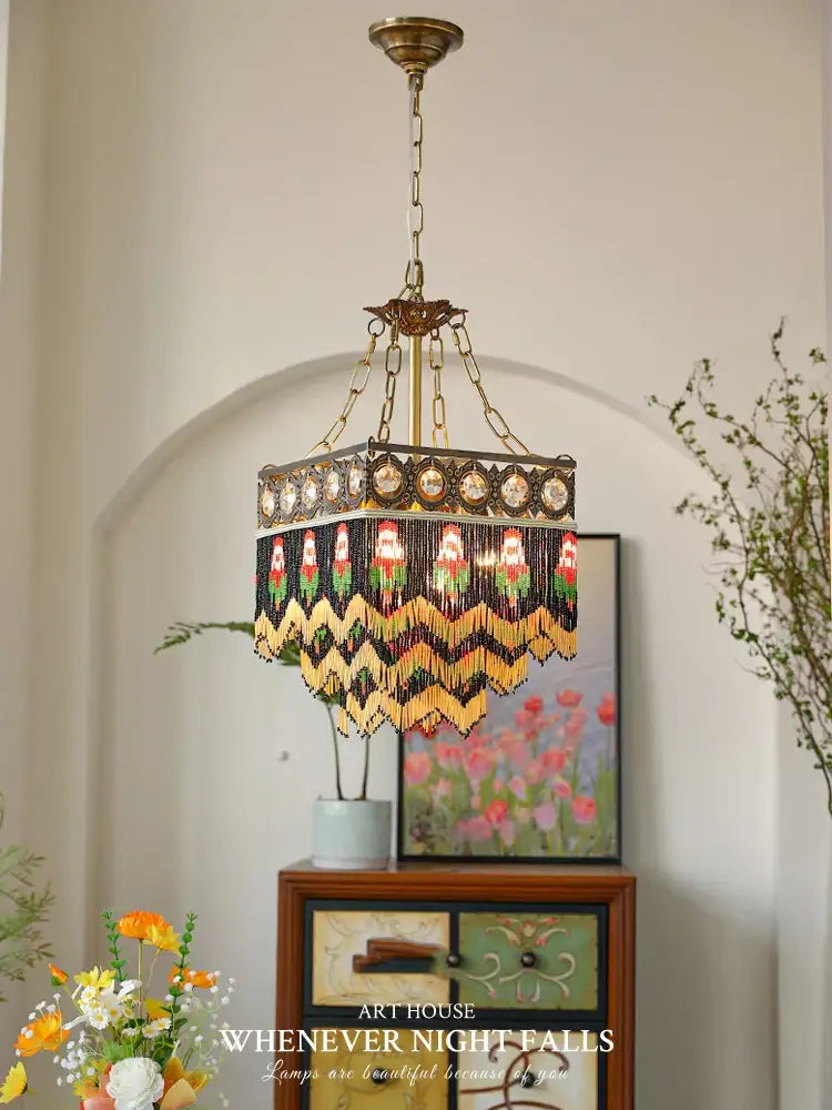 French brass crystal floral chandelier dining room beaded fringe