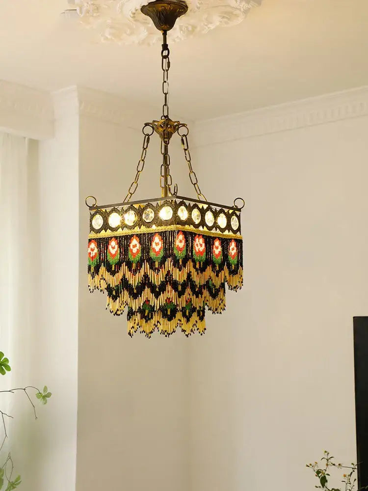 French brass crystal floral chandelier dining room beaded fringe