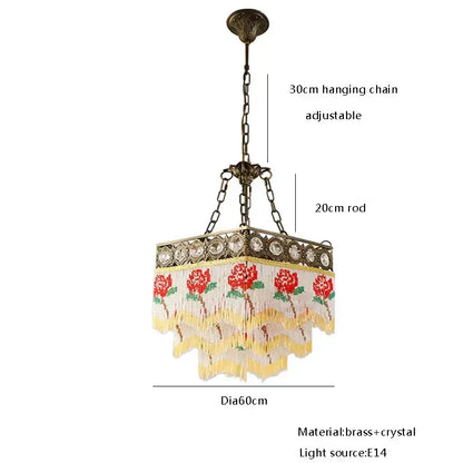 French brass crystal floral chandelier dining room beaded fringe
