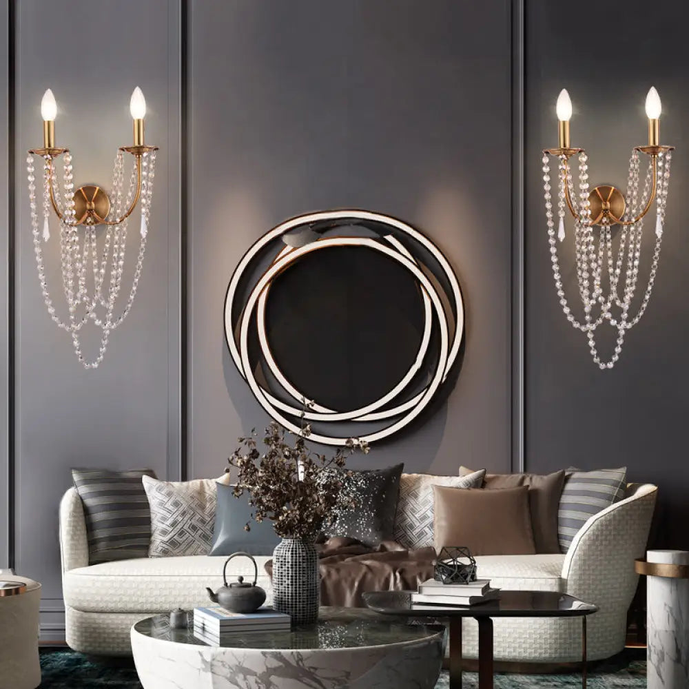 DecorBites™ French Country 2-Head Metallic Open Bulb Wall Mount Lamp with Clear Crystal Bead - Brushed Brass