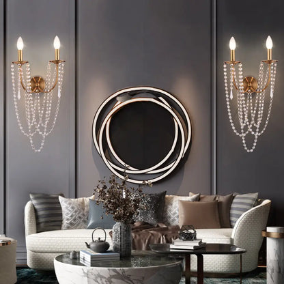 DecorBites™ French Country 2-Head Metallic Open Bulb Wall Mount Lamp with Clear Crystal Bead - Brushed Brass