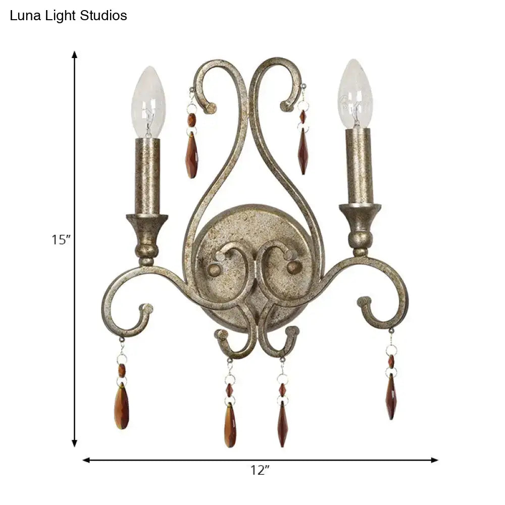 French country aged silver wall lamp with crystal deco dining room