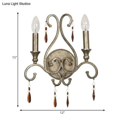French country aged silver wall lamp with crystal deco dining room