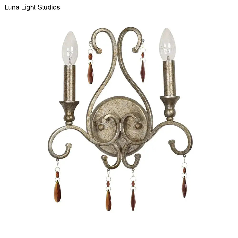 French country aged silver wall lamp with crystal deco dining room
