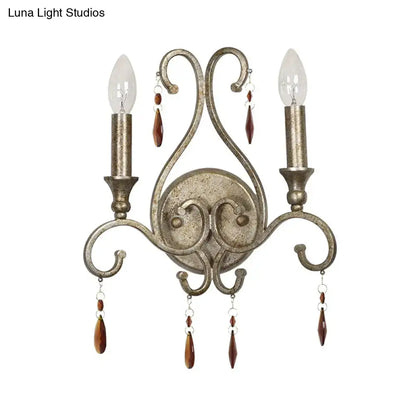 French country aged silver wall lamp with crystal deco dining room