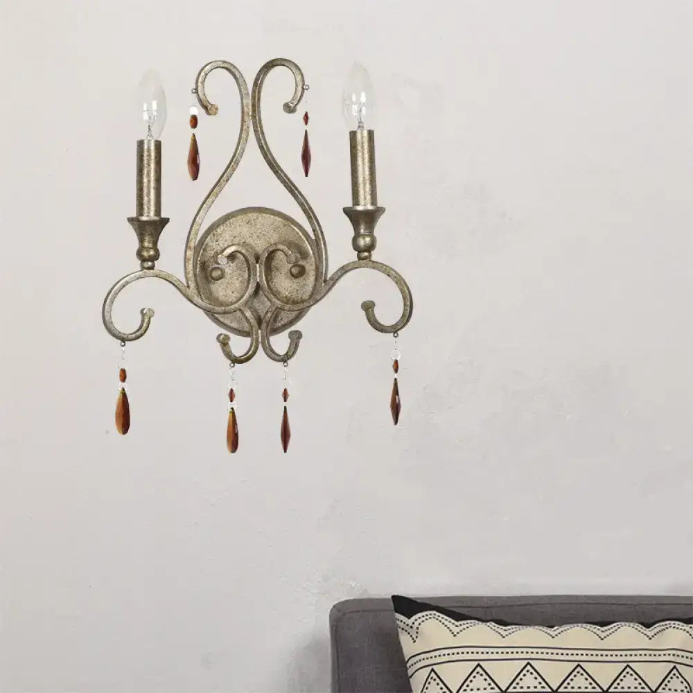 French country aged silver wall lamp with crystal deco dining room