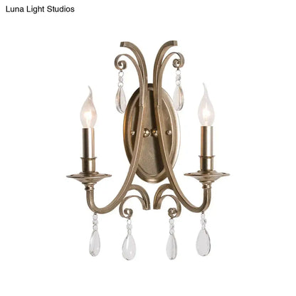 French country brass finish sconce light bedroom crystal wall lamp