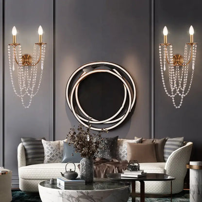 French country brushed brass clear crystal wall lamp bedroom sconce