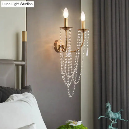 French country brushed brass clear crystal wall lamp bedroom sconce
