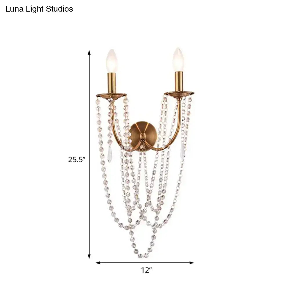 French country brushed brass clear crystal wall lamp bedroom sconce